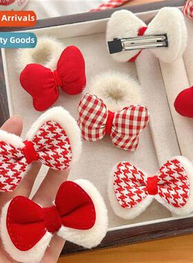 Teenage girl red plaid puff bow plush fluffy  rope  circle c