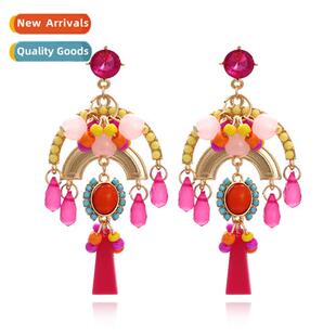 Bohemian hmade rice beads lg tassel earrings exaggerated res
