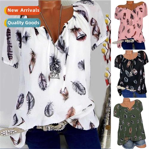 Loose fear print V-neck five-quarter sleeve blouse chiff shi