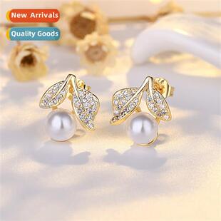Simple fashi pearl earrings leaf earrings female Da Dgmen li