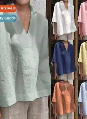 2022 Spring  Summer V-neck cott  linen hundred wh solid colo
