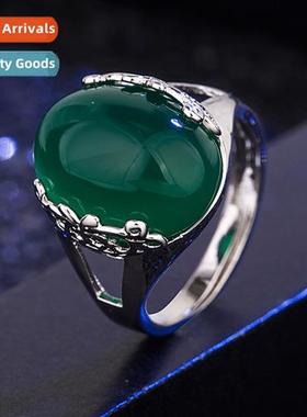 Ethnic style emerald chalcedy inlaid finger ring vintage ope