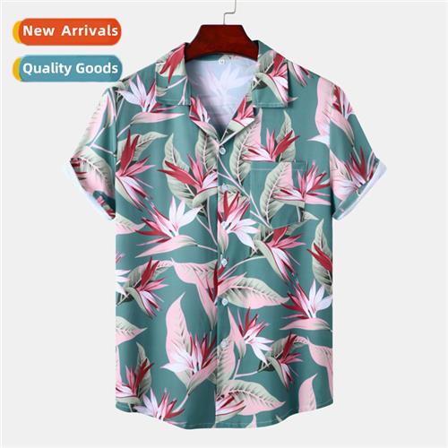 Hawaiian Beach Cuban Neck Ice Silk Draped Digal Printed Casu