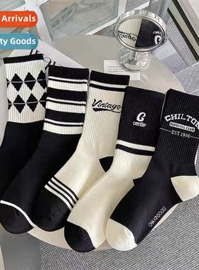 One- beless striped socks spring and fall letter embroidery
