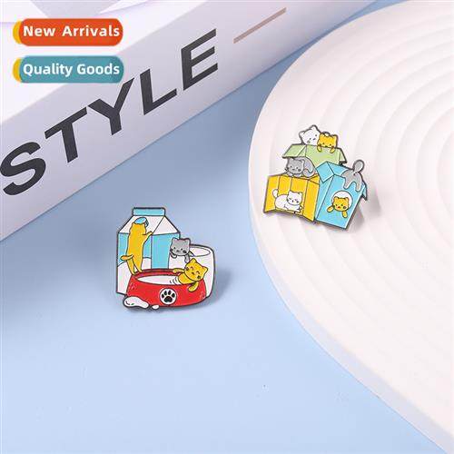 Creative carto drink series alloy brooch cute cat box enamel