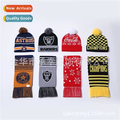 High stch kn jacquard hat and scarf set Club soccer advertis