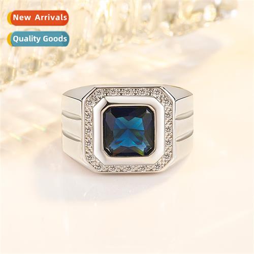 Micro Zircia Large Sapphire Ring Mens Brilliant Square Blue