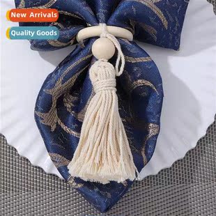 Rustic style wooden beads napkin ring handmade woven hemp ro