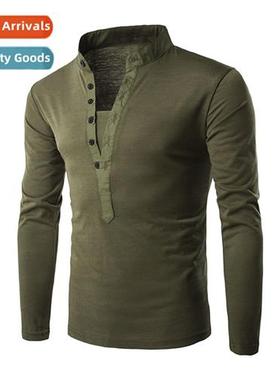 2022 new mens solid color collar casual butt placket Slim lg