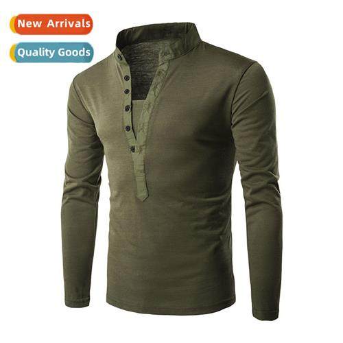 2022 new mens solid color collar casual butt placket Slim lg