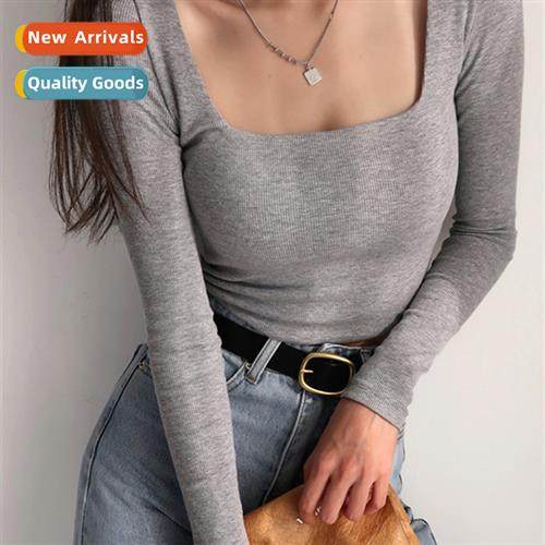 New square neck blouse retro lg-sleeved T-shirt female short