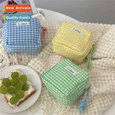 Japanese cott blue grid small square bag ins wind high value