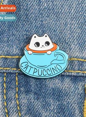 Alloy Electroplate & Enamel Cappuccino Badge Cat Blue Cfee C