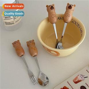 wood stainl bear spo set fork carto fru hle Korea solid cute