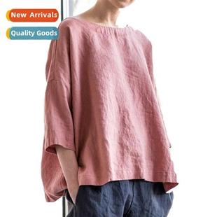 Linen Summer Peplum Top Loose Cott Neck Round Womens 2021