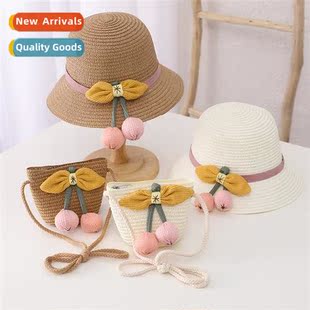 Flower cherry decorative parent-child hat straw hat bag set