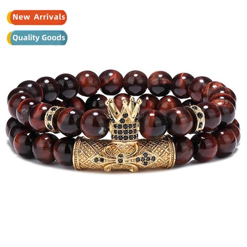 Luxury Hand Jewelry Mens 2 Piece  Tiger Eye Ste CZ Crown Bra