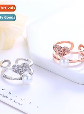 n new pearl heart double layer ring female pearl heart-shape
