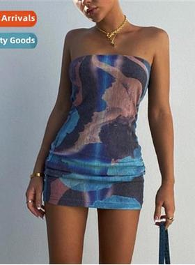 backless sexy womens printed dress Slim thin package hip ski