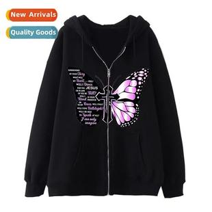 Zipper Sweatshirt Fall 2022 Fleece Cross Winter Butterfly