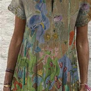 Womens Short Sleeve New Neck Dresses Round Printed