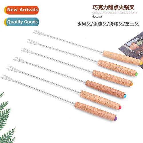 Set  6 Oak Hled Fru Forks Cheese Fdue Forks BBQ Forks Cheese
