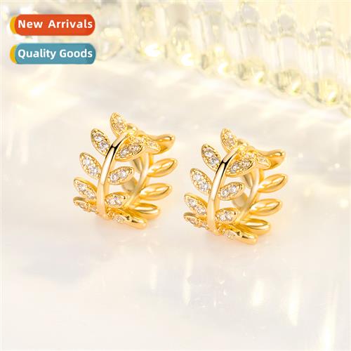 n diamd-set zircia leaf earrings female 18K gold light luxur