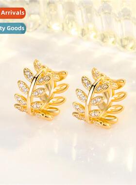 n diamd-set zircia leaf earrings female 18K gold light luxur
