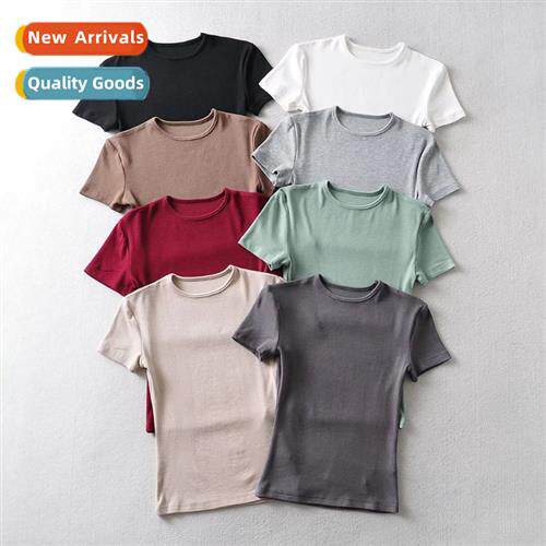 2023 Summer New Pullover Round Neck Basic Bottom Slim Solid