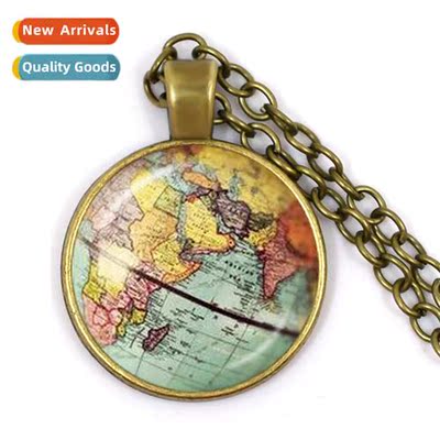 Vintage Globe World Map Time Gemste Glass Caboch Pendant Nec