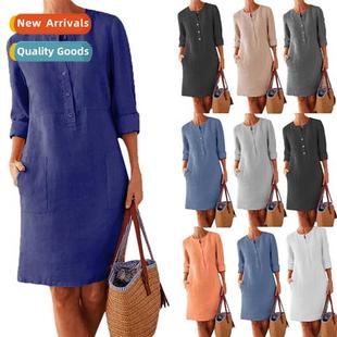 dress sle large length Mid linen cott size winter Autumn