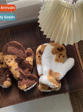 cute carto bow bear lamb wool gloves hanging neck fall  wint