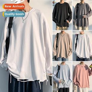 ins big sleeved mens fall shirt loose Broken tide holes