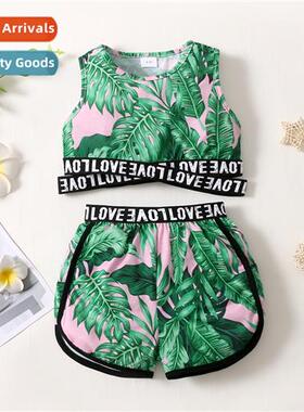 Girls Spring  Autumn 2023 New  Sleeveless Leaf Printed Top +