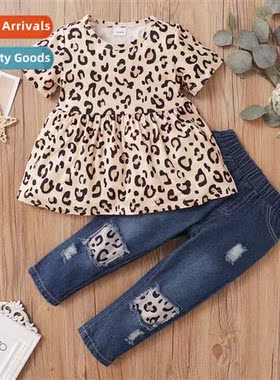 Girls spring  fall  2021 new     leopard short-sleeved blous
