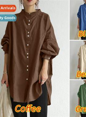 Spring  Autumn Womens new solid color cott  linen collar h