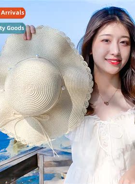 Sun hat ladies fashi pearl woven straw hat summer sun-shadin