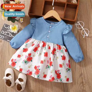 2021 new splicing spring flora denim fall children Girls