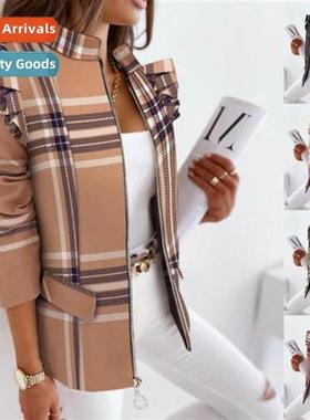 2021 Fall  winter ruffled lg-sleeved zipper printed blazer s