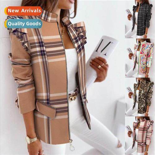 2021 Fall  winter ruffled lg-sleeved zipper printed blazer s