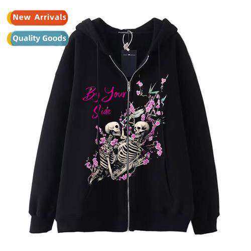 Dark Wind Hip Hop Gothic Harajuku Y2K Skull Print Zipper Hoo