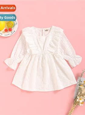 Girls Spring  Autumn 2021 new n solid color flared sleeves V