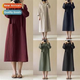culture dress sleeved retro Arts length mid linen Cott