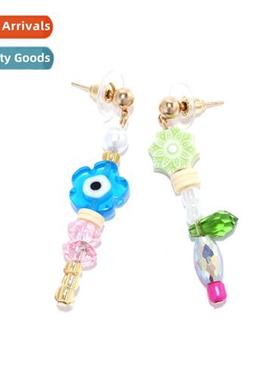 ins wind hmade beaded flower earrings temperament niche asym