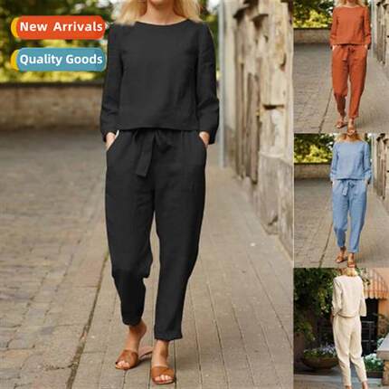 Linen su womens fashi solid color casual two- set 2023 sprin