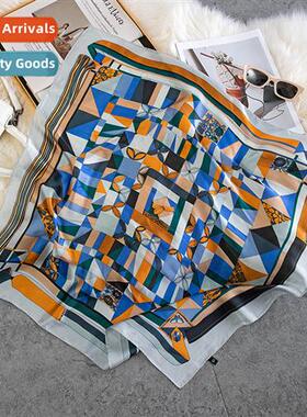 New geometric splicing satin silk lerature wh womens 70 squa