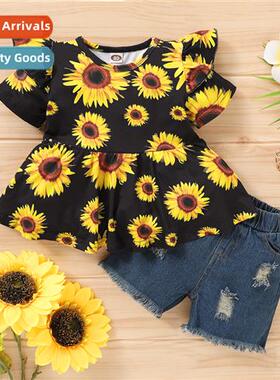Girls spring  fall  2020 new n sunflower print top + holes d