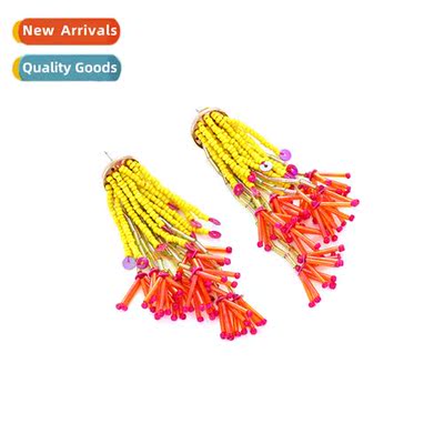 ZA woven ethnic style rice beads lg paragraph tassel earring