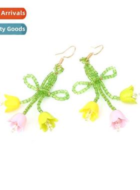South Korea cute hmade knted beaded bow flower earrings supe
