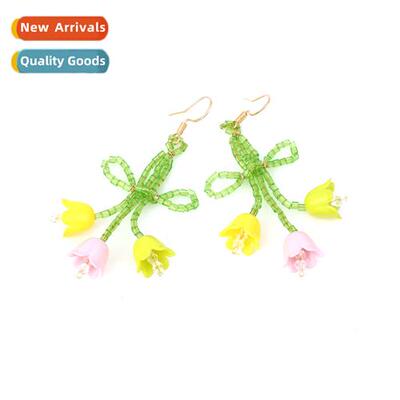 South Korea cute hmade knted beaded bow flower earrings supe